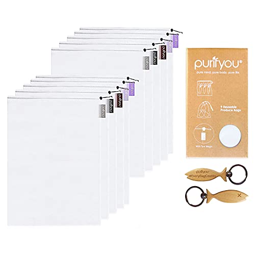purifyou Premium Reusable Produce Bags - Set of 10 Extra Large (12x17), Farmers Market Bag, Washable Grocery Bags, Sustainable Gift Bag or Kitchen Storage for Food, Fruits, Vegetable and Grocery Organizer
