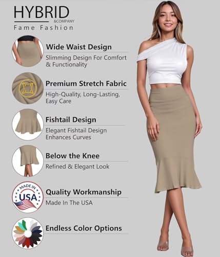 Image of HyBrid & Company Womens Premium Nylon Ponte Stretch Office Fishtail Pencil Skirt High Waist Made in The USA Below Knee