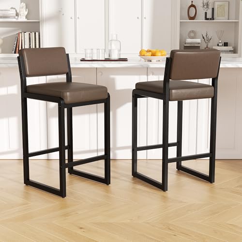 Image of Bar Stools Set of 2, Modern Counter Height Bar Stools with Back,26 inch Dark Brown