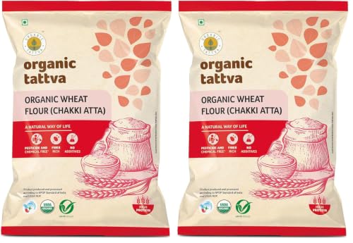 Image of Organic Tattva Whole Wheat Flour 1kg - Stone Ground Chakki Atta for Soft & Tasty Rotis, Everyday Cooking Essential (Pack of 2)