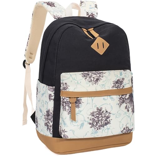 Image of Leaper School Cute Backpack for Girls: Canvas Kawaii Bookbags for Girl 10-12 Years Old - Laptop Travel Backpacks for Teens Floral Black