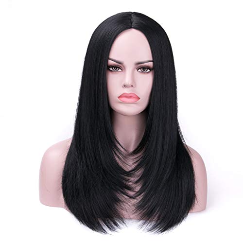 Synthetic Black Wig for Women Long Cosplay Wig Half Yaki Mixed Half Straight 22 inch Middle Part Costume Wig Heat Resistatant Full Wig Average Size