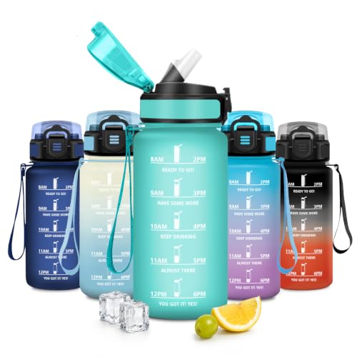 JAPORIA Botella de Agua 500ml, Botella con Pajita, Cantimplora con Marcador de Tiempo, sin BPA, a Prueba de Fugas, Reutilizable, para Escuela, Oficina, Exterior