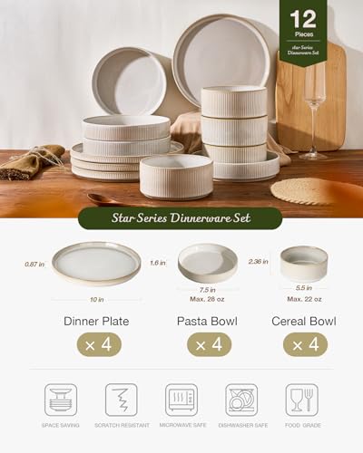 Image of Famiware Star 12-Piece Stoneware Dinnerware Set for 4 - Dinner Plates, Pasta Bowls, Cereal Bowls, Dishes for Everyday & Formal Use, Chip /Scratch Resistant, Microwave /Dishwasher Safe, Cappuccino White