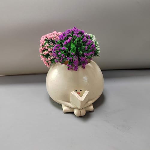 Image of Cute Resin Planter Pot with Book Reading Design - 4.25 Inch Succulent Pot for Desk, Shelf or Office Decor - Small Indoor Plant Container | No Plants or Floral Included
