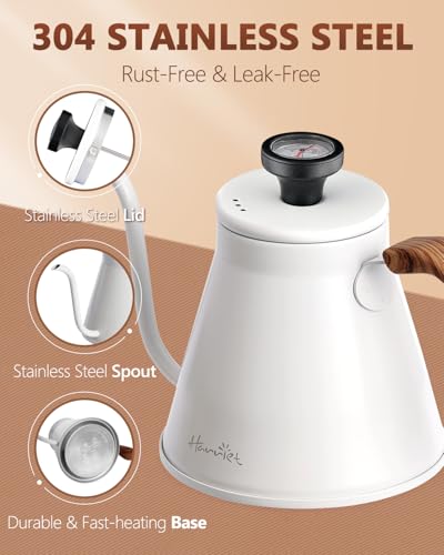 Image of Harriet Gooseneck Kettle with Thermometer for Pour Over Coffee and Tea, 37 fl oz, Stainless Steel, Durable 3-Layer Base, Ideal Spout for Precision Pouring, Compatible with all Stove Tops, White
