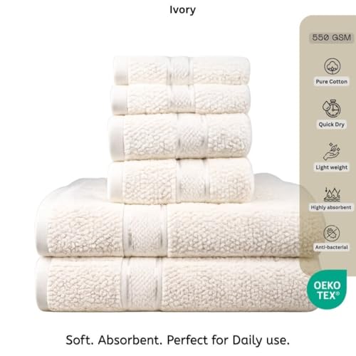 Image of SENSES by Riba Textured Rice Weave Cotton Towels Set (6 Pieces, 550 GSM, Ivory) | Bath Towel Combo - 2 Bath, 2 Hand & 2 Wash Towels | Antimicrobial, Soft, Absorbent Ideal for Daily Use & Gifting