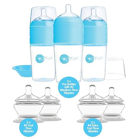 PopYum Blue 9oz Formula Making Baby Bottle + Nipple 7 Piece Bundle