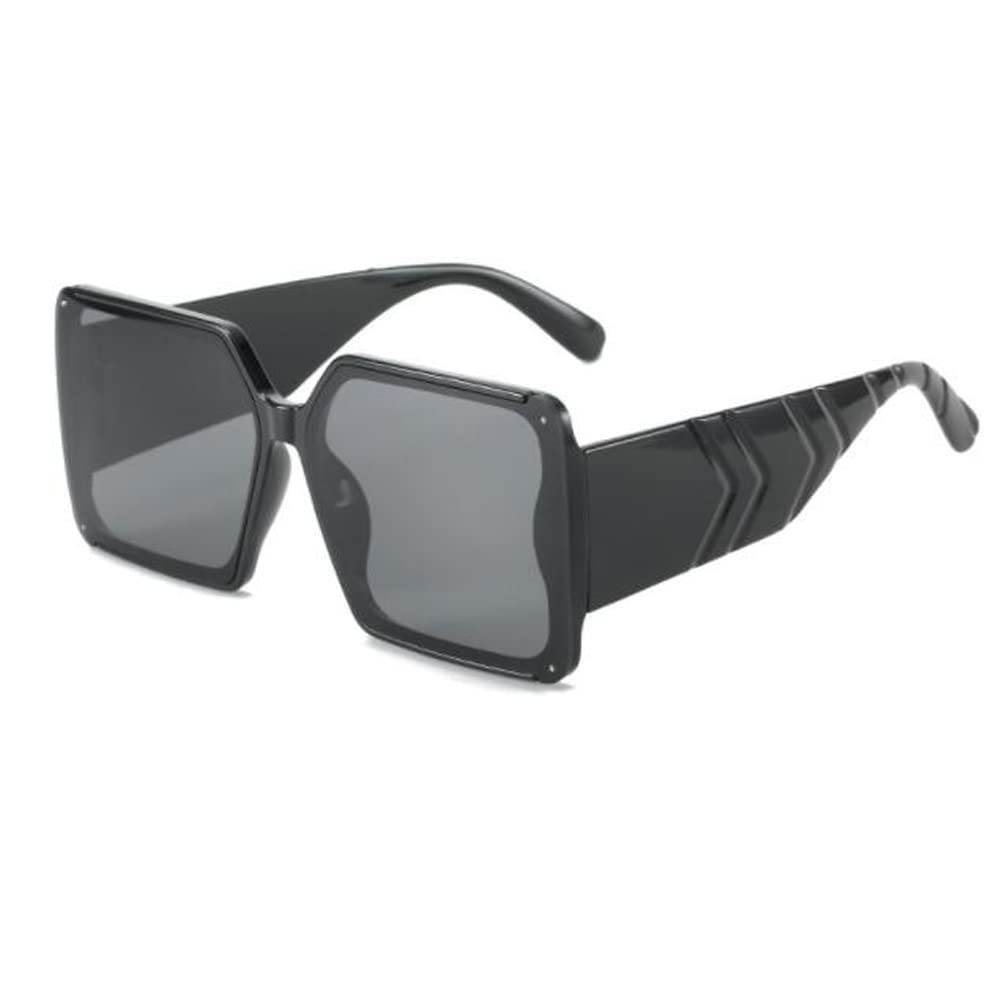 Square Large Frame Sunglasses UV Protection Sunshade for Men and Women Cute Wide Temples Black Frame Gray Flakes