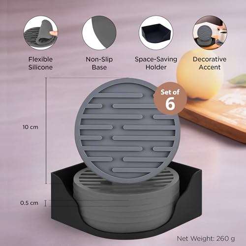 Image of The Better Home Coaster Set of 6 with Silicone Holder | Dining Table Decor Accessories | Cups, Coffee Mugs, Glasses | Silicone Coaster | Home & Office | Table top Decor