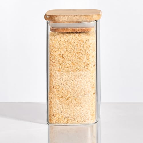 ComSaf 300ml 調味料入れ ガラス 砂糖入れ 塩容器 密閉 1個セット キャニスター スパイスボトル 竹製蓋付き 4枚のDIYラベル付き 片栗粉 容器 調味料ボトル キッチン収納