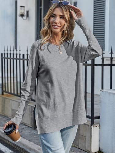 Poetsky Women's Casual Crewneck Long Sleeve Sweaters Loose Oversized Ribbed Knit Pullover Side Split Jumper Tops3