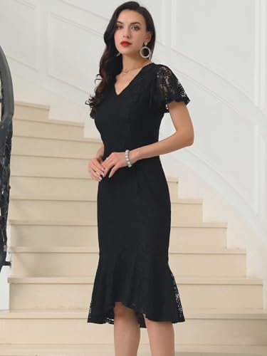 Womens' Lace Floral Dresses Fishtail Formal Cocktail Short Sleeve Midi Dress2