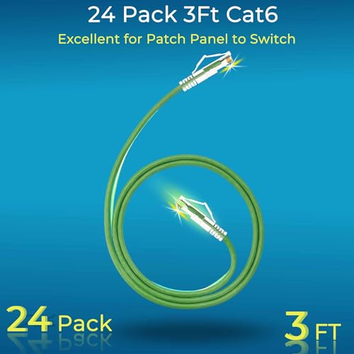 Image of Rapink Patch Cables Cat6 / Cat6a 3ft (24 Pack) Slim, Cat6a Ethernet Patch Cable 30G Support, Snagless Cat 6 Patch Cable for Patch Panel to Switch, Flexiable Cat6 Ethernet Cable Green