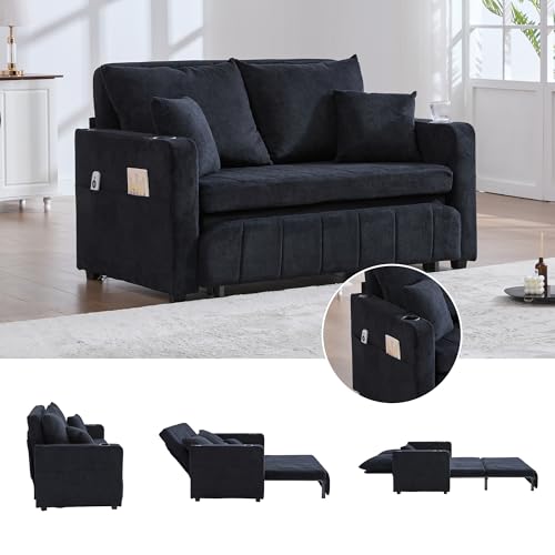 vutizal Sofá cama, sofá de 2 plazas, sofá extensible plegable con función de sueño, soporte para vasos USB, bolsillo lateral, chenilla mini sofá para habitaciones pequeñas, apartamento, 139 x 83 x 58