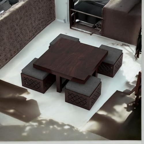 Image of Solid Sheesham Wood Coffee Table with 4 stools for Living Room New CNC Design Center Table | Hotel | Lounge | Walnut
