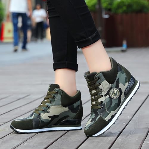 Image of ESXGED Women's Fashion Camouflage Platform Canvas Sneakers Girl's Invisible Wedges Increase Heel Mesh-Cloth Casual Shoes