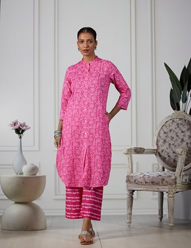 Image of BIBA Women Cotton Straight Printed Suit Set