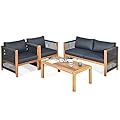 Tangkula Outdoor Wood Furniture Set, Acacia Frame Loveseat Sofa, 2 Single Chairs and Coffee Table, 4 Pieces Conversation Set with Cushions, Garden Balcony Poolside Living (1, Grey)