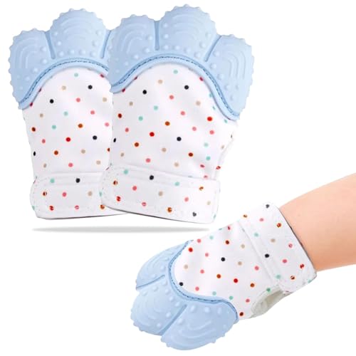 Image of WAHHSON Cotton Baby Soft Teething Mitten Teether Glove, Teether for 0-12 Months Baby, Teething Pain Relief Toy Glove, Natural Remedy for Infants & Toddlers | Infant Teething Mittens (Blue, Pair of 1)