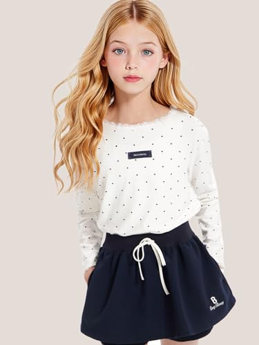Girls Long Sleeve White Polka Dot Shirt Soft Cotton Crewneck Blouse with Lace Trim, Cute Casual Fall Top for Kids 6-16Y4