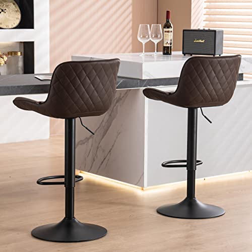 Younuoke Brown Upholstered Bar Stools Set Of 2 Counter Height Modern Adjustable Swivel Bar Chairs With Backs Mid Century Pu Leather Padded Barstool For Home Kitchen Island #TOP3