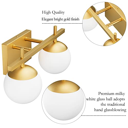 Image of Ralbay 2-Light Gold Vanity Light Mid Century Modern Bathroom Vanity Light Fixture Milky Glass Globe Bathroom Wall Light Fixtures Gold 2 Light