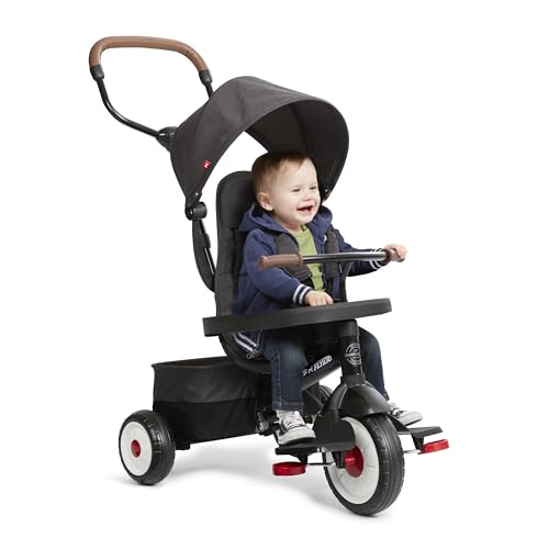 Radio Flyer City 4-in-1 Stroll 'N Trike, Black, for Riders 1-5 Years Old, 4 Riding Modes, 3 Point Harness with Comfort Pad, Parent Controlled Steering, Rear Storage, Stroller Tricycle for Toddlers