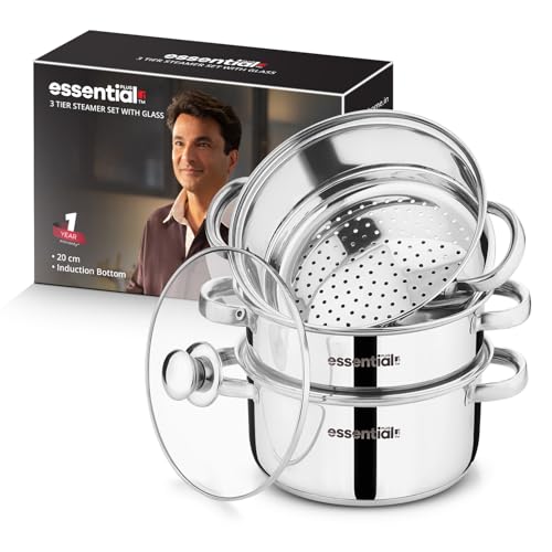 Image of Essential Plus Stainless Steel 3 Tier Steamer with Glass Lid (20cm), 3L Base Pot, Multi-Purpose Steamer for Momos, Modak, Vegetables and More, Compact Design - Induction and Gas Stove Ready
