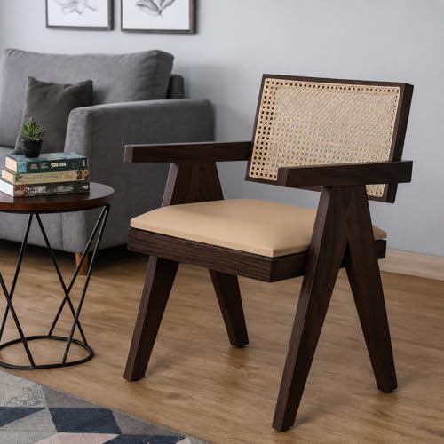 Image of Solid Wood Arm Chair with Cushion and Cane Back Support Chair Living Room Bedroom Home Wooden Armchair Furniture Garden Balcony Outdoor & Indoor (Walnut Finish)