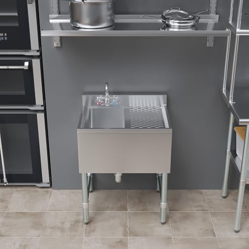 Image of AmGood One Compartment Stainless Steel Under bar Sink (Sink Size: 24 inchx19 inch, Single Bowl + 12 inch Right Drainboard)