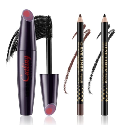 GEUUFEA 3-Piece Waterproof Mascara & Eyeliner Set, Black, Volumizing, Cream Finish, Medium Coverage, Unisex