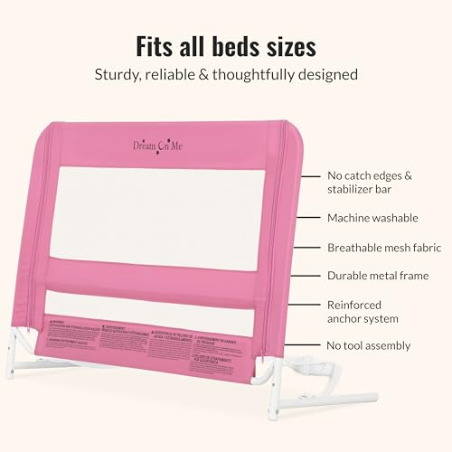 Image of Dream On Me Mesh Security Bed Guard Rail for Toddlers 2-5 Years, Fits Twin-King Beds, Reinforced Anchor System, 2 Adjustable Heights, Pink, Not for Cribs /Toddler Beds