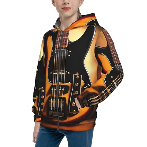 Small Instrumental Guitar Print Girls Athletic Zip Up Hoodies,Sweatshirts with Pockets Long Sleeve Hooded Jackets, for 7-18 Y Black