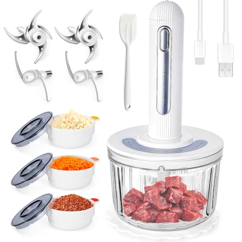 Glass Food Processor Small, USB Charging Wireless Electric Meat Grinder with 4 Blades & 4 Bowls (1x8 Cup+3x0.5 Cup), Mini Chopper Food Processor for Home Use, Onion, Garlic, Ginger, Baby Food