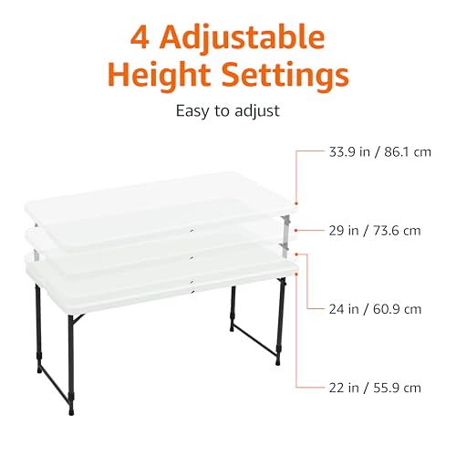 Image of Amazon Basics Portable 4 Foot Rectangular Folding Dining Table, 4 Adjustable Height Settings, Carrying Handle, Indoor & Outdoor, Sturdy for Events, White, 47.8 x 23.9 x 33.9 in