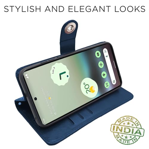 Image of Pikkme Google Pixel 6a Flip Cover Leather Finish | Inside TPU with Card Pockets | Wallet Stand and Shock Proof | Complete Protection Button Flip Case (Blue)