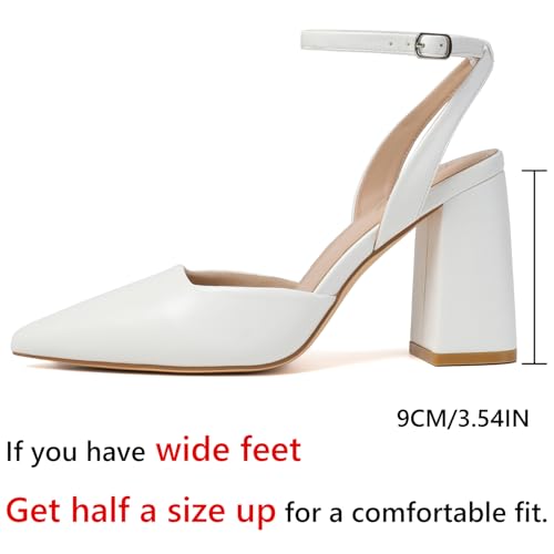 Image of RIBONGZ Block Heels for Women Closed Pointed Toe Heeled Slingback Chunky High Heel Ankle Strap Pumps Patent Leather Comfort Dressy Shoes for Work Party Prom Wedding Bridal Dress