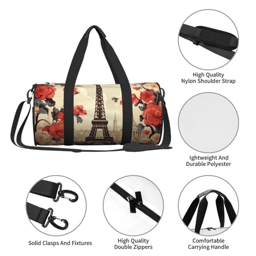 Travel Duffle Bag Lightweight Small Gym Bag Foldable Weekender Overnight Bags with Adjustable Shoulder Strap Carry On Tote Bags Paris Vintage Floral Hospital Bag for Women Men4