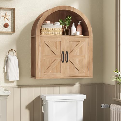 Image of Halitaa Arched Bathroom Wall Cabinet, Farmhouse Medicine Cabinet with Barn Door and with Adjustable Shelf, 23.6 x 28.7'' Wooden Storage Cabinet Wall Mounted for Bathroom Laundry Room Kitchen, Natural