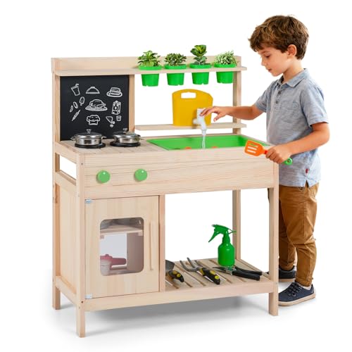 HONEY JOY Mud Kitchen with Running Water, Fir Wood Play Kitchen for Toddlers, 4 Planter Pots...