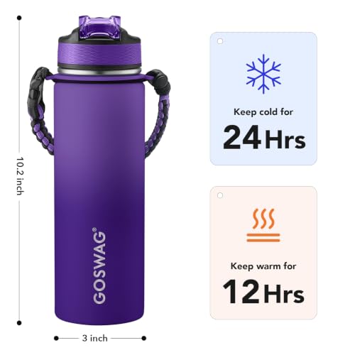 Image of GOSWAG 24oz Insulated Stainless Steel Travel Water Bottle, 2 Lids | with straw and no straw, Paracord handle, Double-wall vacuum keeps drinks cold or hot, Leakproof tumbler