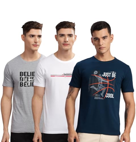 Image of ADRO 100% Cotton Lycra Tshirts for Men Combo Pack of 3 | Regular Fit | Printed T Shirt | Round Neck Half Sleeve| Mens Tshirts