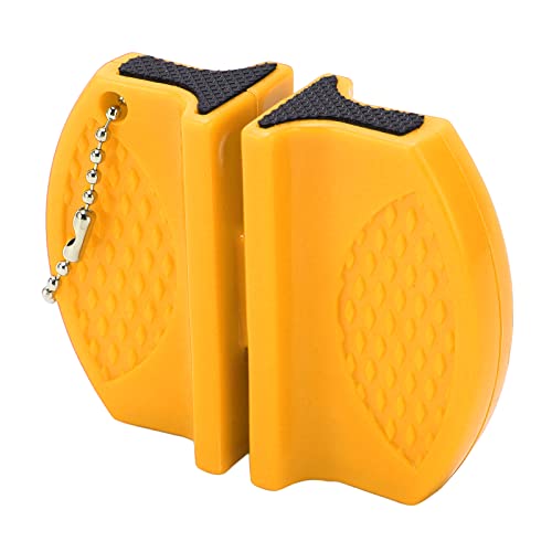 SHYEKYO Aiguiseur de Couteaux de Poche, Design à Double flûte, poignée antidérapante multifonctionnelle, Mini aiguiseur de Couteaux Portable Pratique avec chaîne à Crochet pour Ciseaux(Jaune)