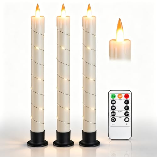 Image of 3 Pack Ivory Dripping Wax Flameless Candles, Realistic Dynamic Flame LED Taper Candles with Surrounding Fairy String Lights, Remote Control Battery Operated Candles for Home Wedding Holiday Decor