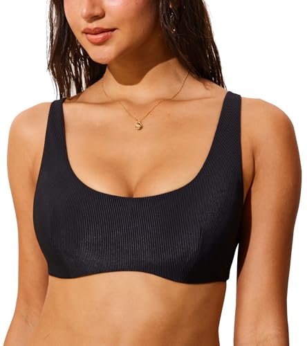 DOBREVA Women's Bikini Top Scoop Neck Bathing Suit Tops Ribbed Padded Adjustable Straps Swimsuit Sports Bra