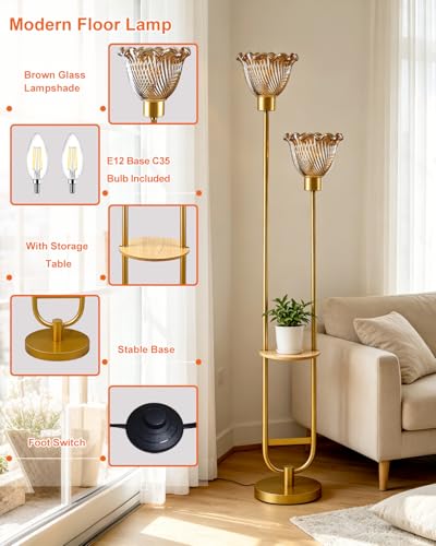 Image of Lightdot 2-Lights Modern Glass Floor Lamp with Table Gold Standing Tall Lamps with Amber Floral Glass Shade,LED Floor Lamp with Foot Switch for Living Room Bedroom Home Decor (3000K Bulbs Included)