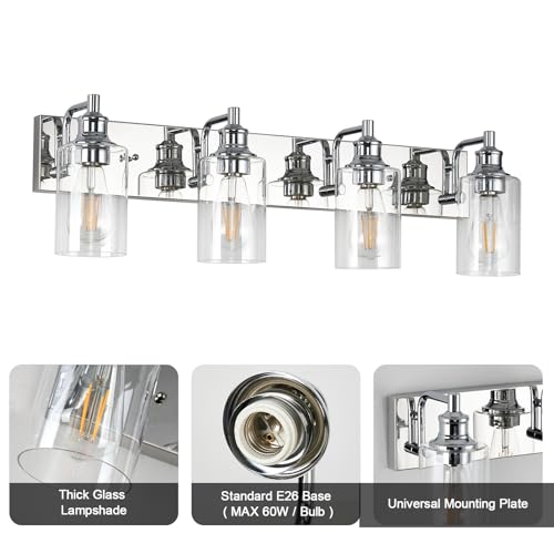Image of 4-Light Bathroom Light Fixtures Modern Chrome Vanity Lights for Bathroom Lighting Fixtures Over Mirror for Cabinet Mirror Bedroom Hallway