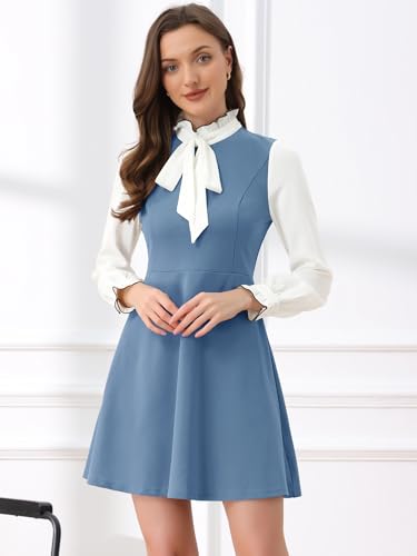 Image of Allegra K Tie Neck Dresses for Women's 1960s Vintage Long Sleeve Contrast Color Dress