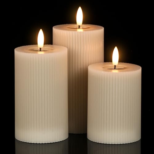 Image of Eldnacele Vertical Stripe Pillar Flameless Candles with 6 Hours Timer, Battery Operated 3D Wick Flickering Warm Lights Real Wax Gray LED Candles Dinner Indoor Holiday Christmas Decor(3Pcs,3 inchx5 inch /6 inch /7 inch)